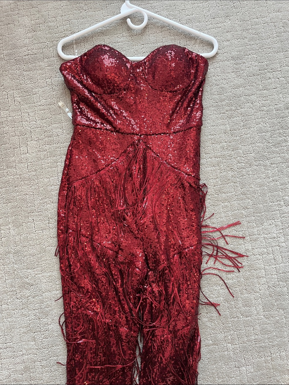 Red Strapless Sequin Fringe Jumpsuit